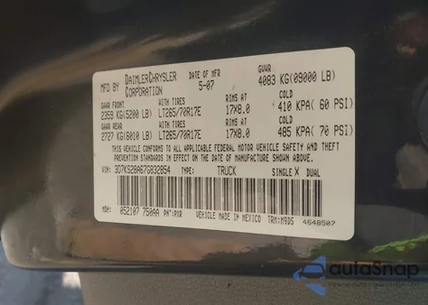 2007 Dodge Ram 2500 Slt/Trx4 Off Road/Sport/Power Wagon from USA, damaged, VIN 3D7KS28A67G832854